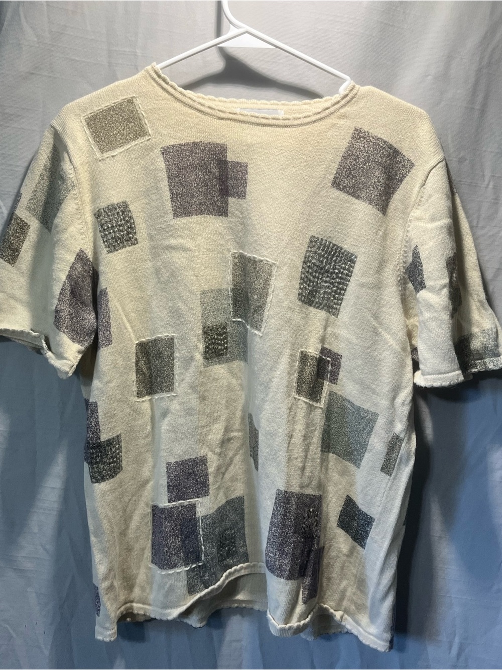 Alfred dunner large Casual Cream Short-Sleeve Shirt with Gray Square Pattern